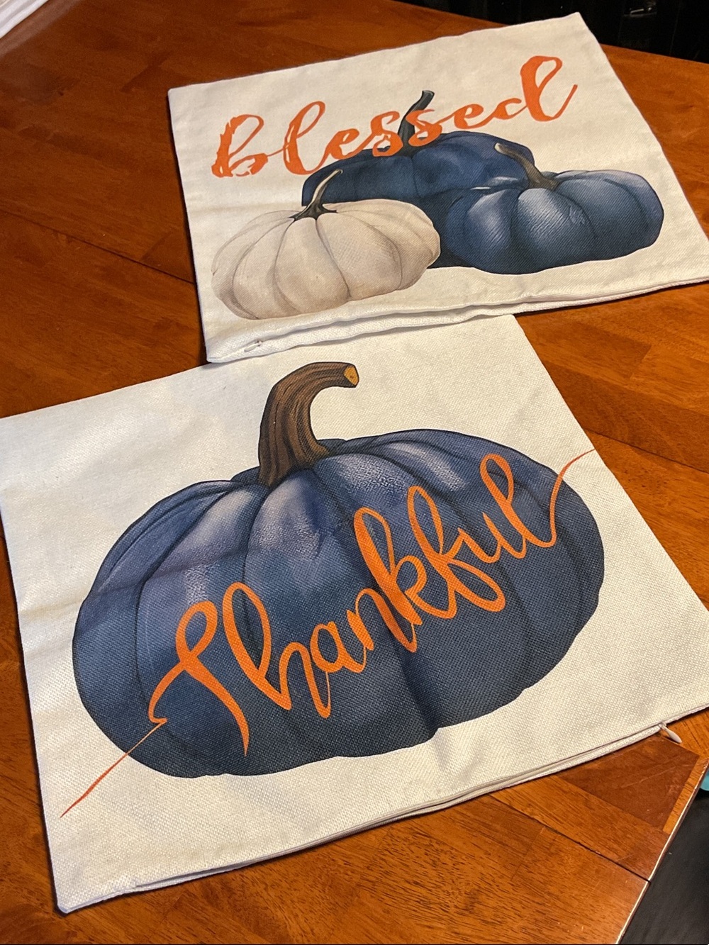 Thankful & Blessed Blue Pumpkin Throw Pillow Covers - Orange Script -2 Pack